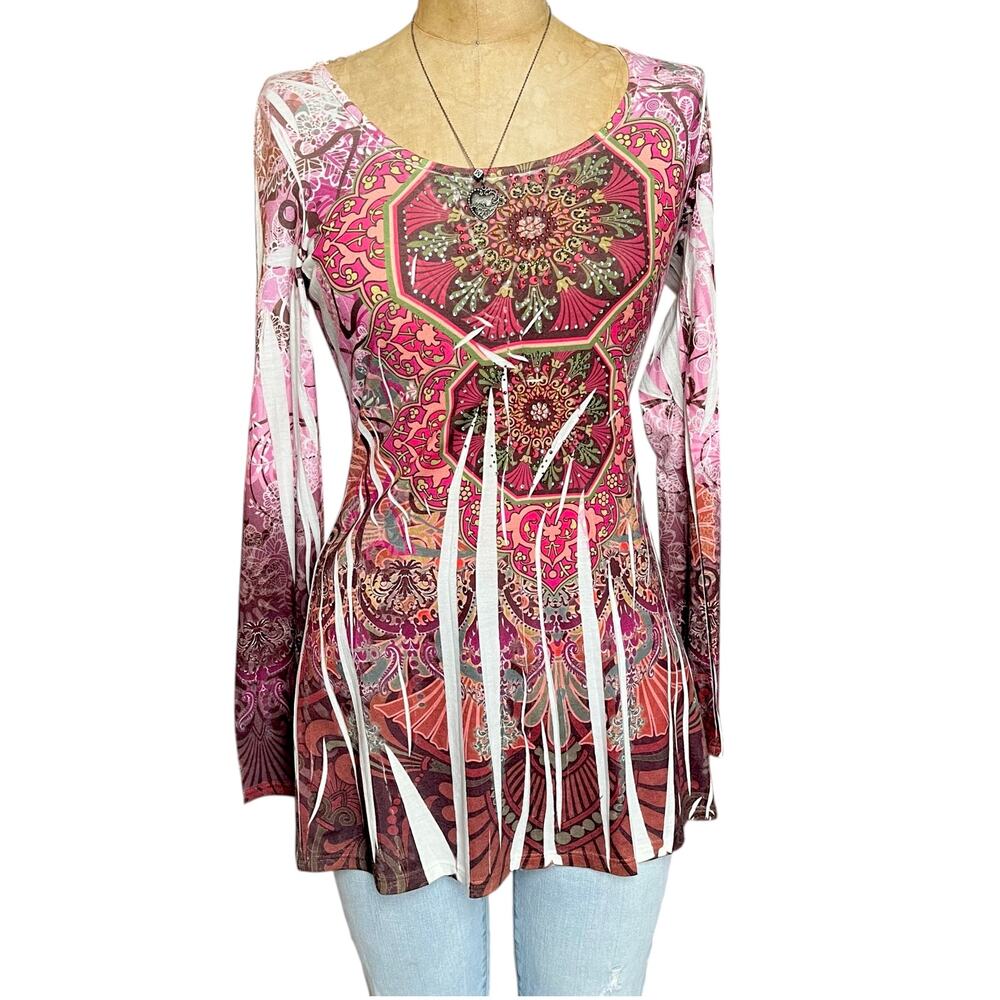 Mandees Multicolor Boho‎ Fairy Rhinestone Long Sleeve Top Fishnet Back Size L